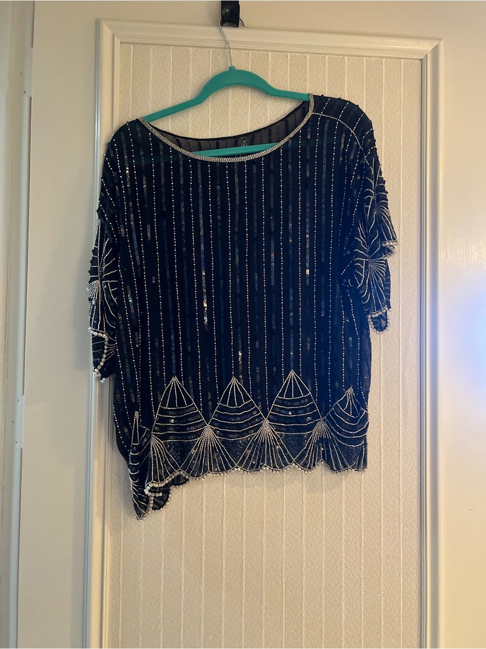 Women's Black Beaded Short Sleeve Top